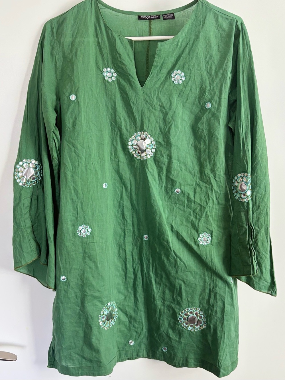 Magazine Embellished Cotton V-Neck Women's Tunic Top